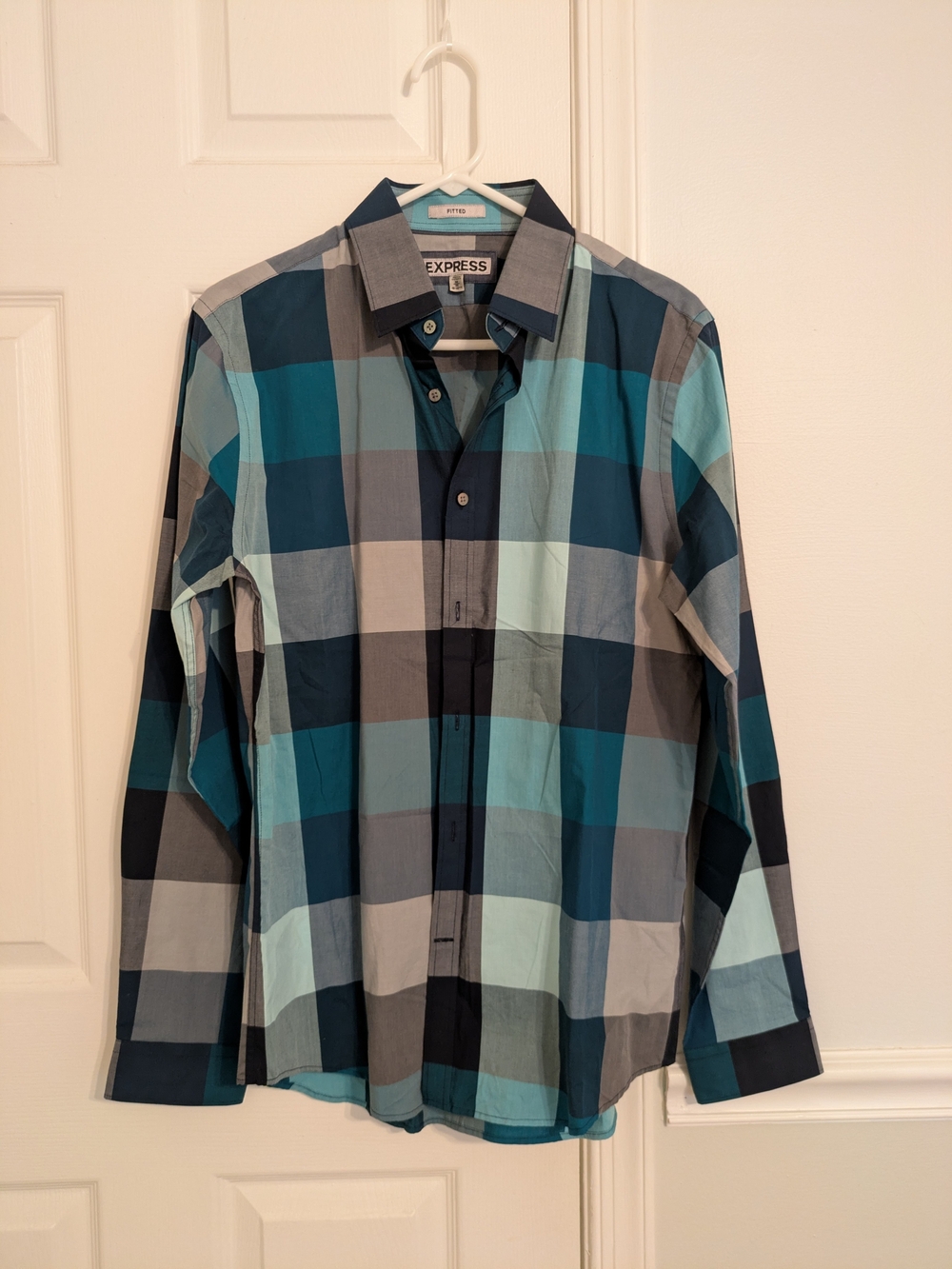 Express Men's Green And Grey Large Check Button-Up Shirt